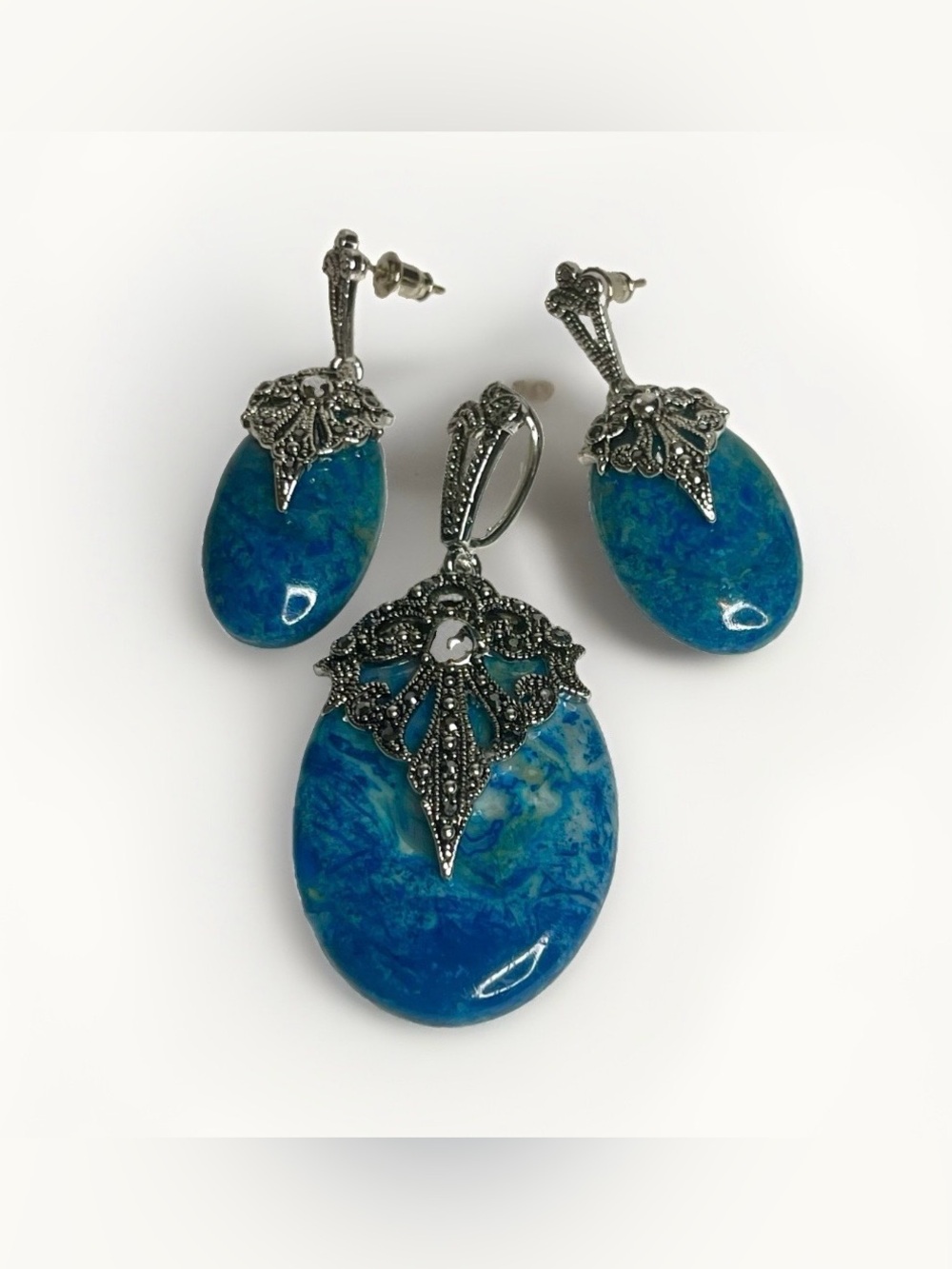 VTG Blue Cabochon Pendant And Earrings Set Silver Tone Filigree Statement Heavy